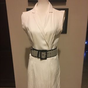 White wrap dress with wide black and white belt